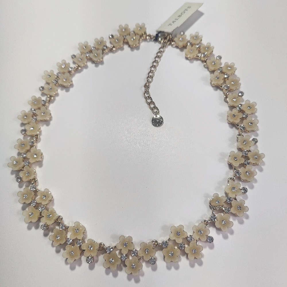 Talbots Flower Rhinestone Statement Necklace Crea… - image 1